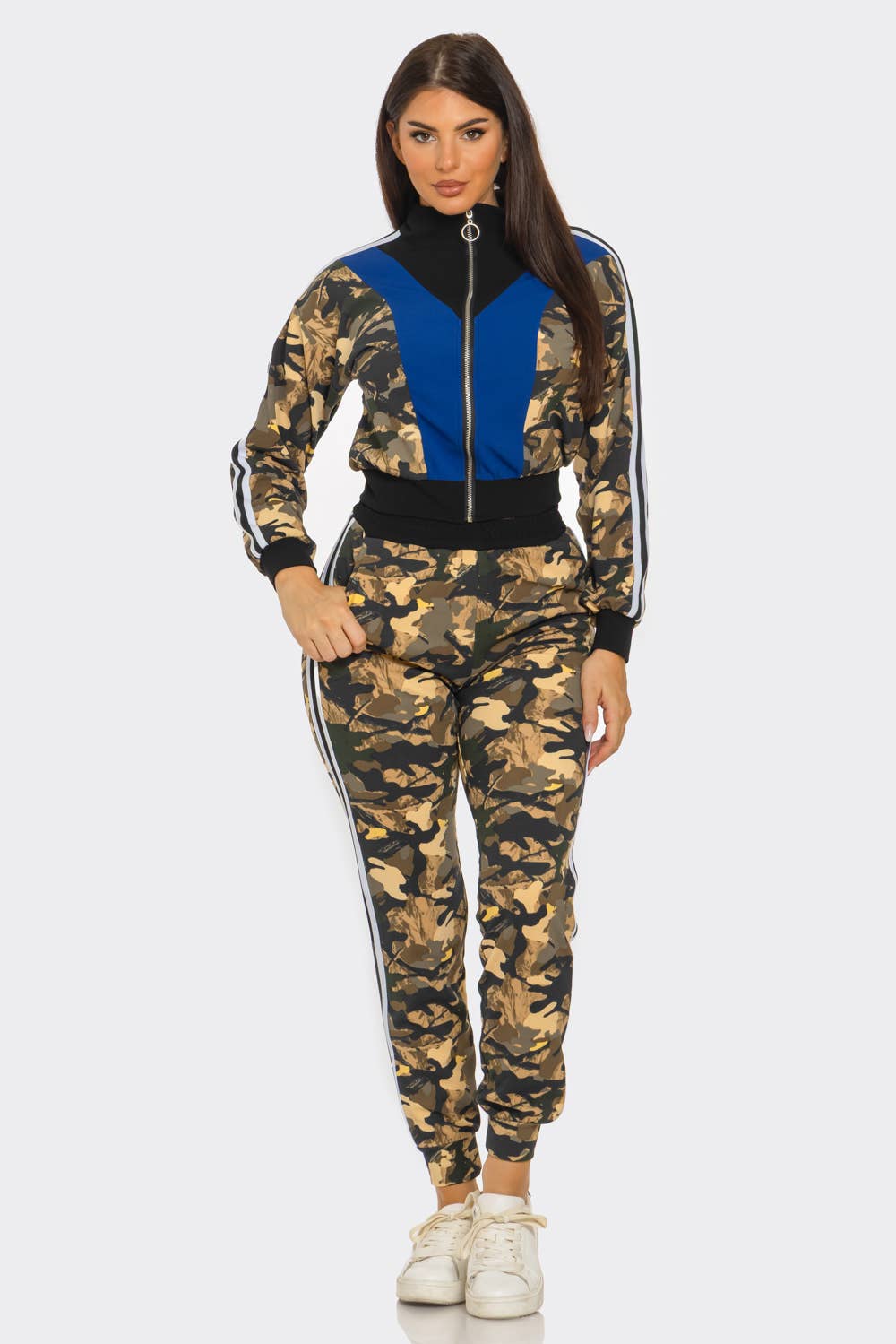 Camo Print Zip Up Jacket And Jogger Pants Set : Camo / 2-2-2 (S-M-L)