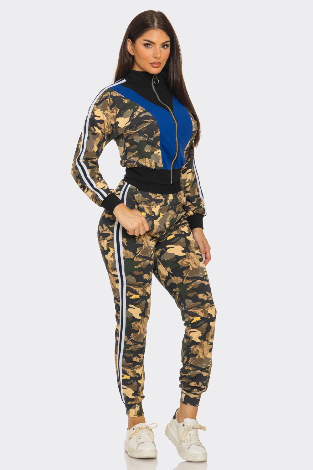 Camo Print Zip Up Jacket And Jogger Pants Set : Camo / 2-2-2 (S-M-L)